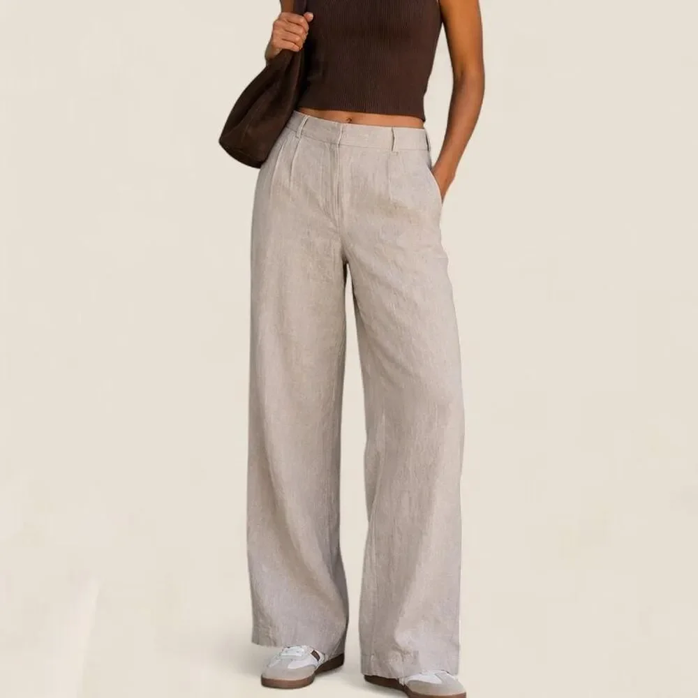 Quince Sand 100% European Linen Pleated Wide Leg Trousers Size 6